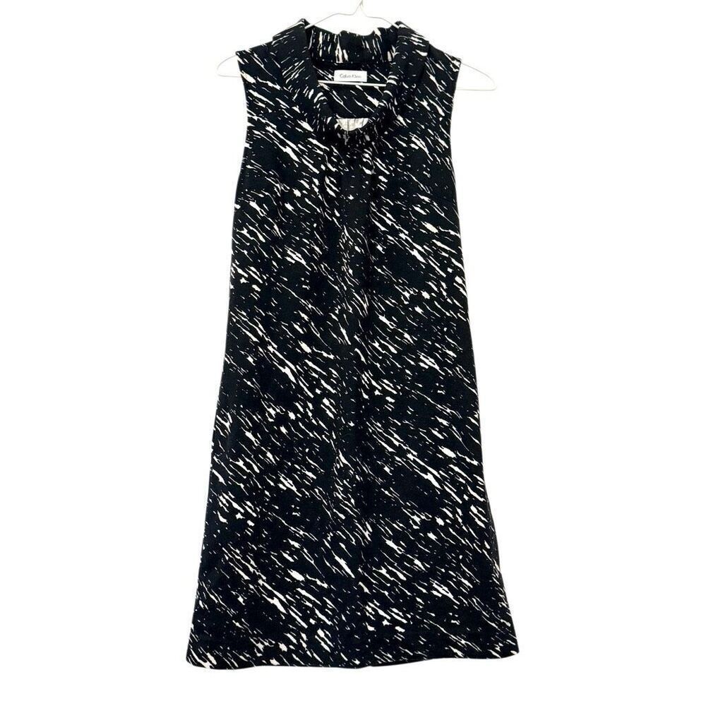 Calvin Klein Sleeveless Cowl Neck Abstract Knit Midi Dress Black White Sz Small